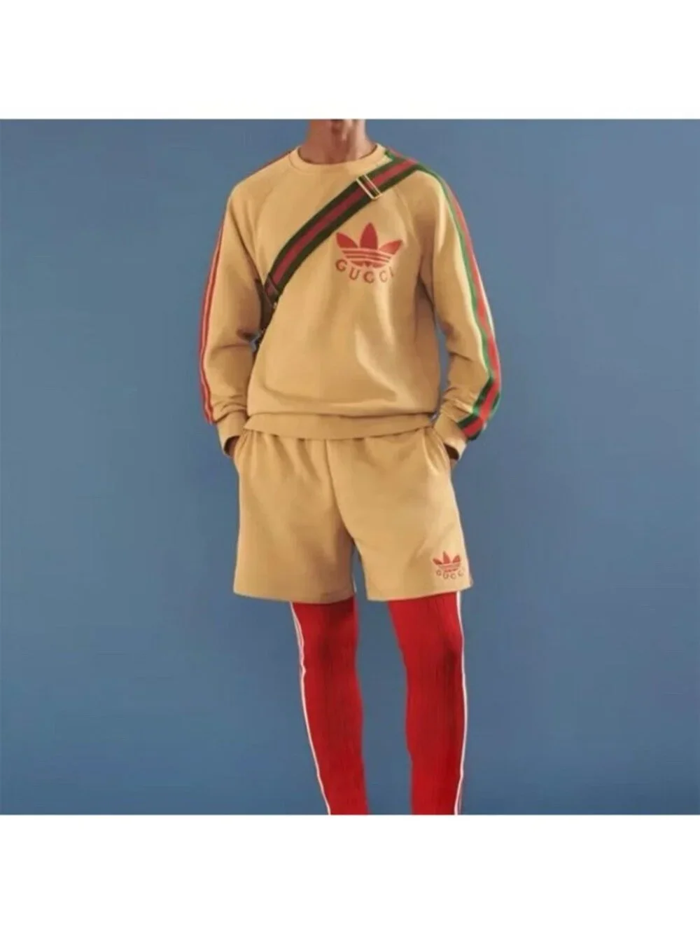 Gucci x Adidas Cotton Jersey Trefoil Sweatshirt Camel Brown Logo Sporty Preppy L